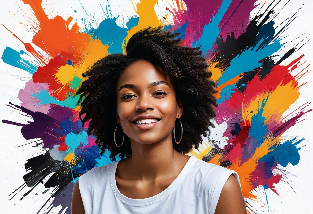 A vibrant collage showcasing various artists at work, blending their thoughts into colorful art on canvases and digital screens. Include diverse individuals expressing emotions through paint, sketches, and typography. Surround them with flowing text that symbolizes ideas transforming into visual masterpieces. Capture a creative and empowering atmosphere, filled with bursts of color and inspiration. super-realistic. vibrant colors. white background.