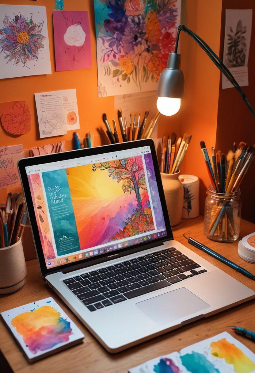 A vibrant and colorful virtual journal spread open, showcasing expressive doodles, handwritten notes, and vivid artwork that represent personal thoughts and ideas. Surrounding the journal are creative tools like paintbrushes, color palettes, and a laptop displaying a blog site. Soft, warm lighting enhances the inviting atmosphere of self-expression. artistic blend of digital and traditional styles. vibrant colors. super-realistic.