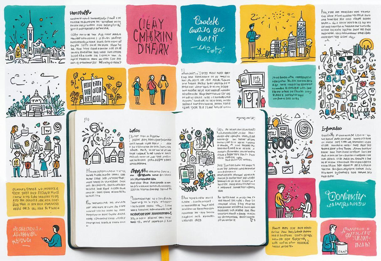 A vibrant digital diary open with pages filled with colorful sketches, inspiring quotes, and photographs. Surrounding the diary are diverse individuals of various backgrounds connecting and sharing ideas, creating a warm sense of community. The backdrop includes soft, glowing light that symbolizes inspiration and creativity, with elements like social media icons gently floating around. super-realistic. vibrant colors. white background.